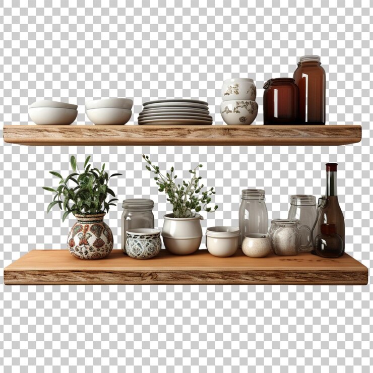 A single photo of a sleek kitchen shelf