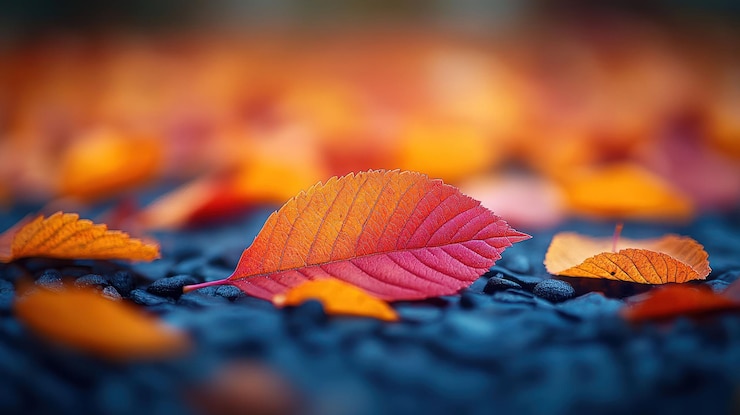 PSD a single red leaf lies on a bed of dark pebbles surrounded by other fallen leaves in shades of orange and yellow the background is blurred creating a soft dreamy feel