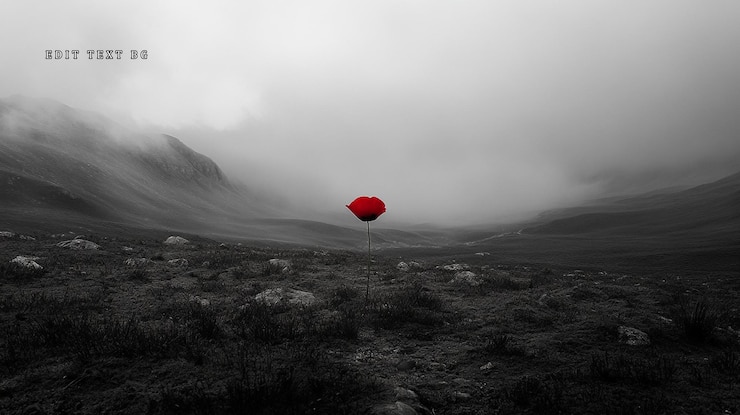 PSD single red poppy in a grayscale mountain valley