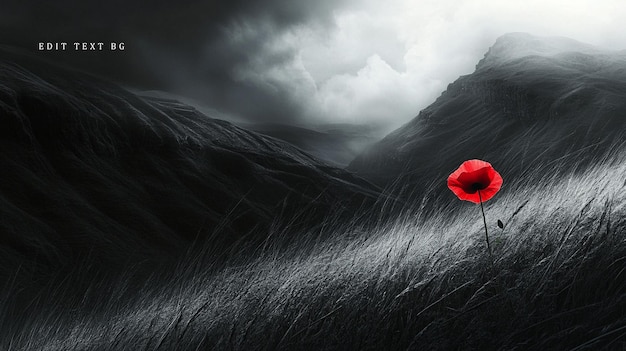 single red poppy in a monochrome mountainous landscape windswept grass
