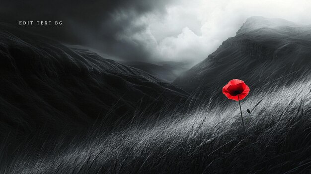 single red poppy in a monochrome mountainous landscape windswept grass