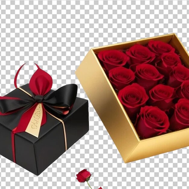 Single red rose flower with black gift box