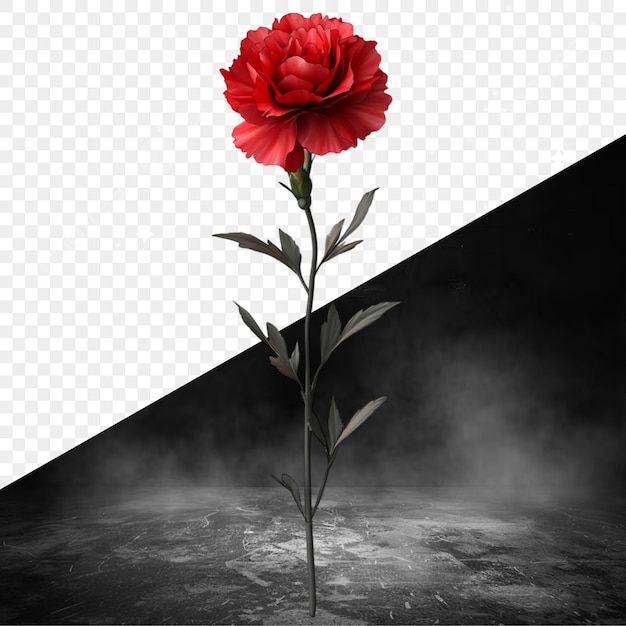 단 하나의 은 장미가 검은색과 색의 배경 앞에 서 있습니다.