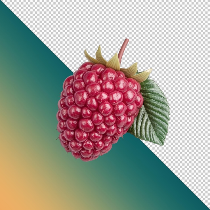 PSD single ripe raspberry with green leaf on white background