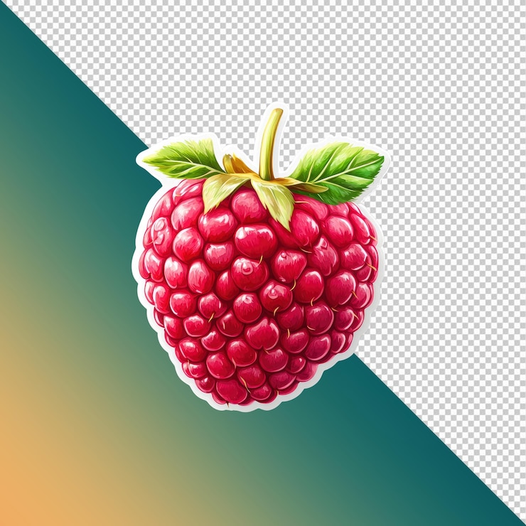PSD single ripe raspberry with green leaves digitally painted