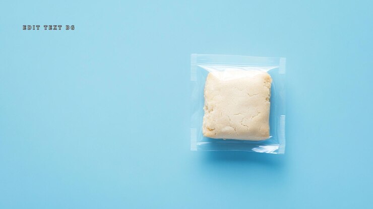 PSD single serving of dough in clear plastic bag on blue background