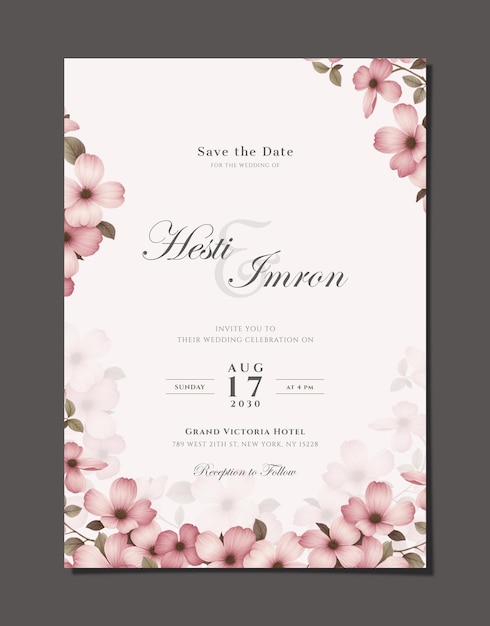 PSD single side elegant wedding invitation template with flowers