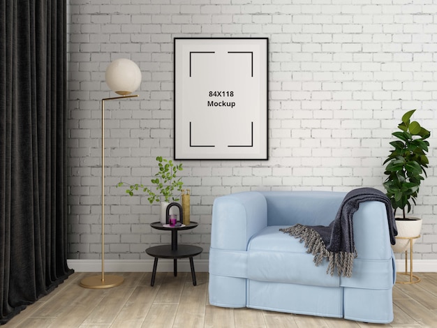 Одноместный диван в гостиной с макетом плаката