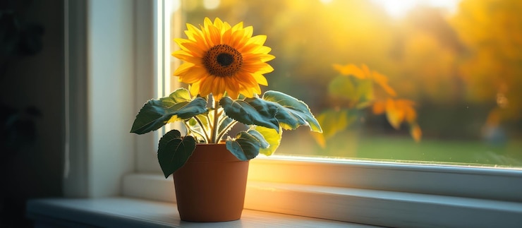 PSD a single sunflower in a terracotta pot sits on a windowsill bathed in golden sunlight