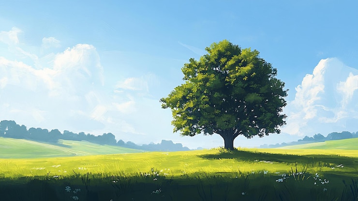 PSD single tree in sunny green field under blue sky with fluffy clouds