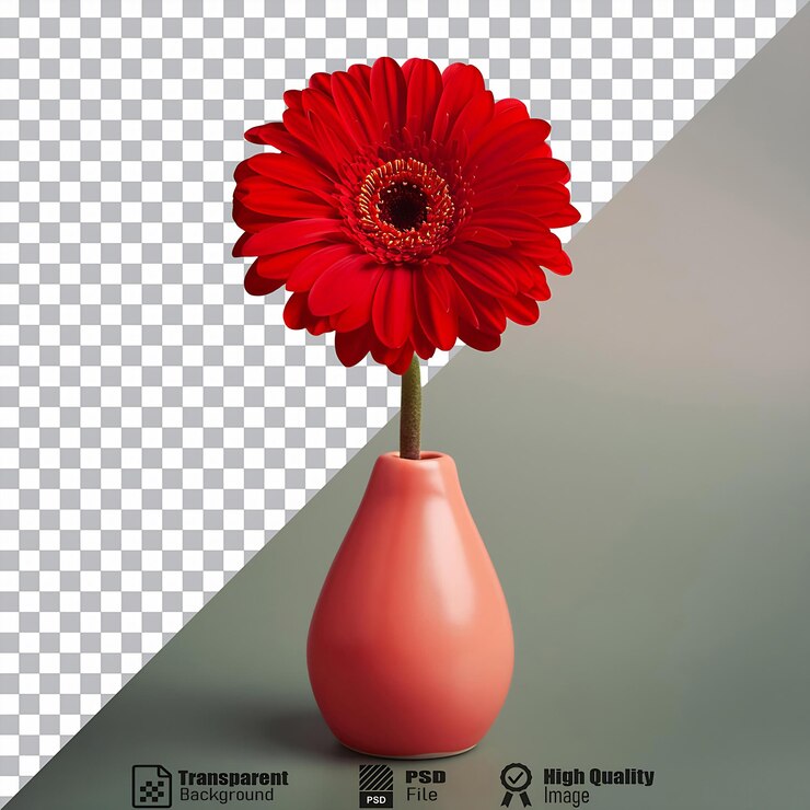 PSD single vibrant red gerbera daisy in a coral vase