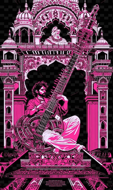PSD Игрок на ситаре в индийском дворце с сложными резьбами и иллюстрациями музыкальных плакатов