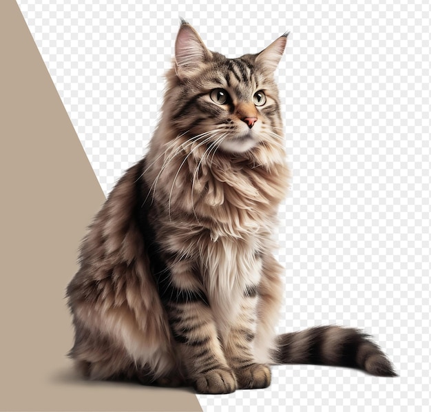 PSD sitting long haired cat looking a side full body portrait on transparent background