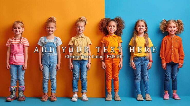 PSD six adorable girls in colorful outfits standing against a brightly colored wall
