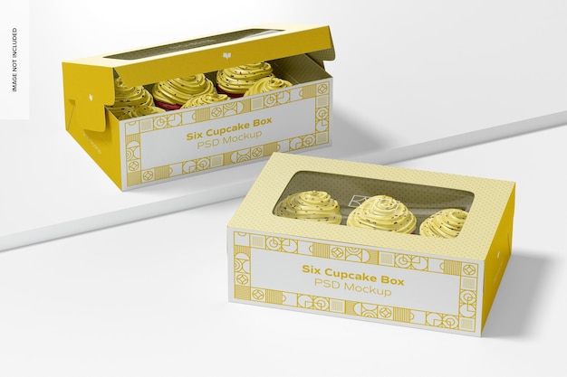 Sei scatole cupcake mockup, prospettiva