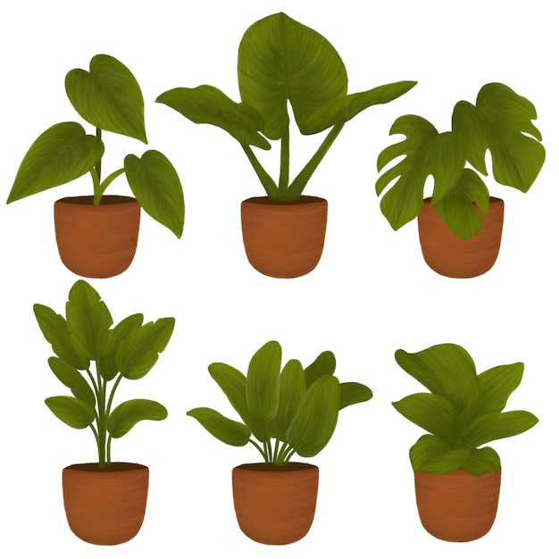 PSD six green plant in a red-brown pot color painting elements