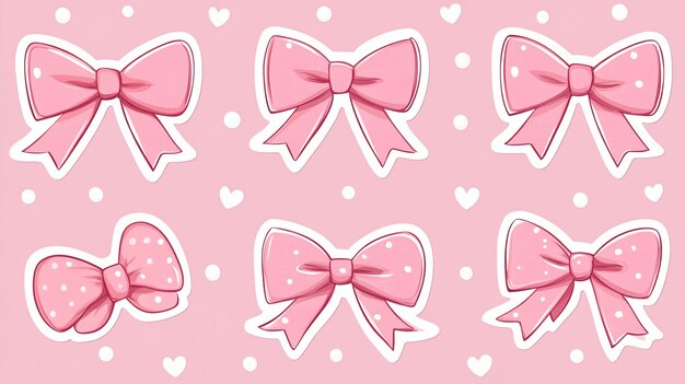six pink bows with polka dots and hearts on a pink background