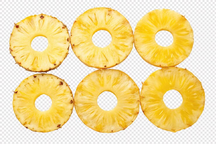PSD six sliced pineapple rings isolated on transparent background