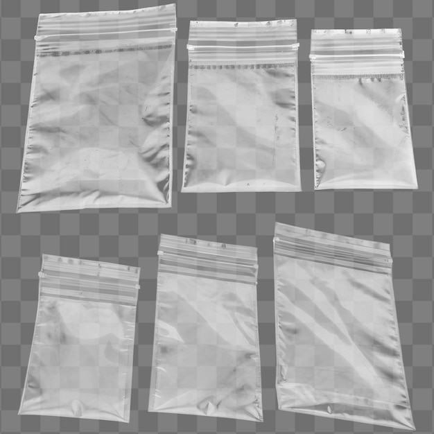 Six Transparent Empty Zip Lock Plastic Bags Neatly Arranged in a Row on a Transparent Background