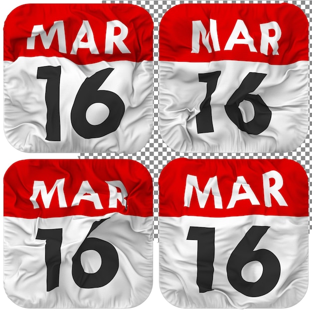 PSD sedicesima data del 16 marzo icona del calendario isolata quattro ondeggianti stile bump texture 3d rendering