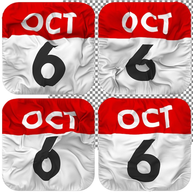 PSD sesto 6 ottobre data icona calendario isolato quattro ondeggianti stile bump texture rendering 3d