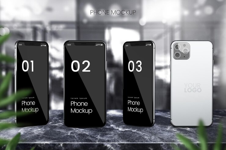 Siyah mermer masa üstünde farklı açılardan dört telefonun gerçekçi iPhone 13'ü