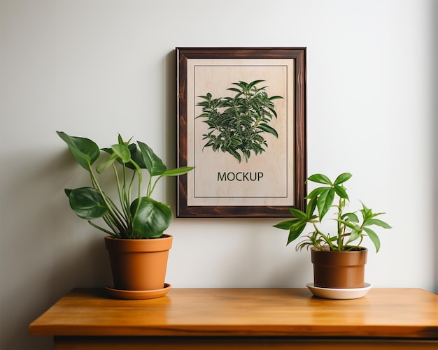 Sjabloon Photoshop Mockup Schilderij op de muur van de woonkamer met kamerplanten in potten AI gegenereerd