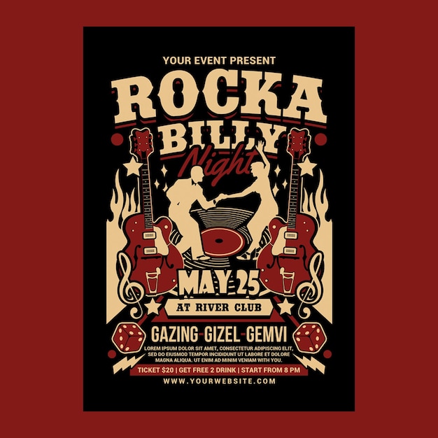 PSD sjabloon rockabilly muziek nacht flyer