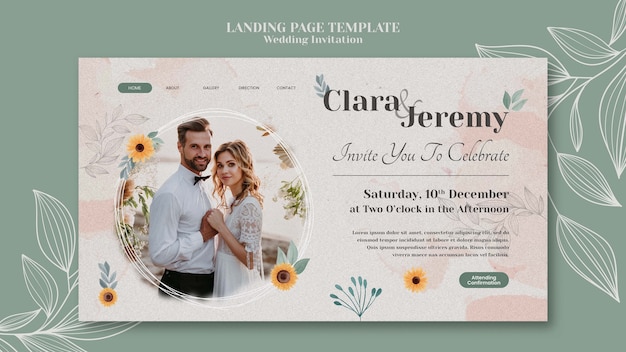 Sjabloon voor bestemmingspagina voor huwelijksuitnodiging met paar en bloemen