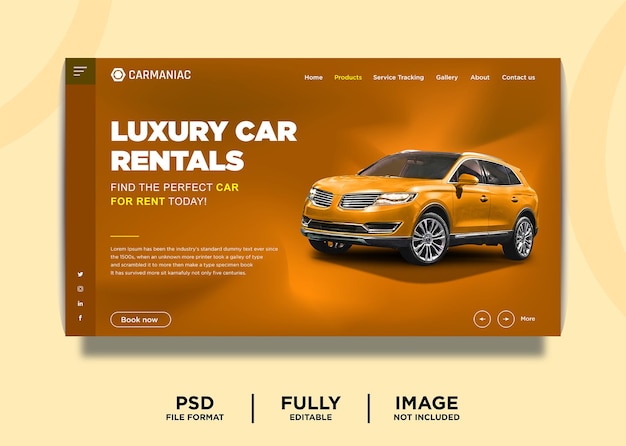 PSD sjabloon voor bestemmingspagina voor luxe autoverhuur in gele kleur