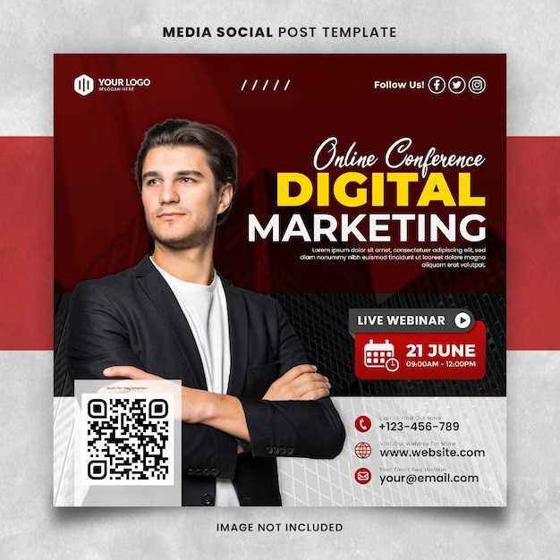 Sjabloon voor rode online conferentie Digitale marketingmedia voor sociale berichten