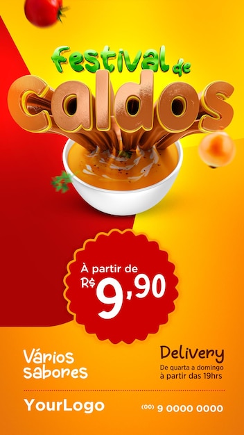 Sjabloon voor sociale media in het Portugees met 3D-stempelfestival van bouillons voor verkoop