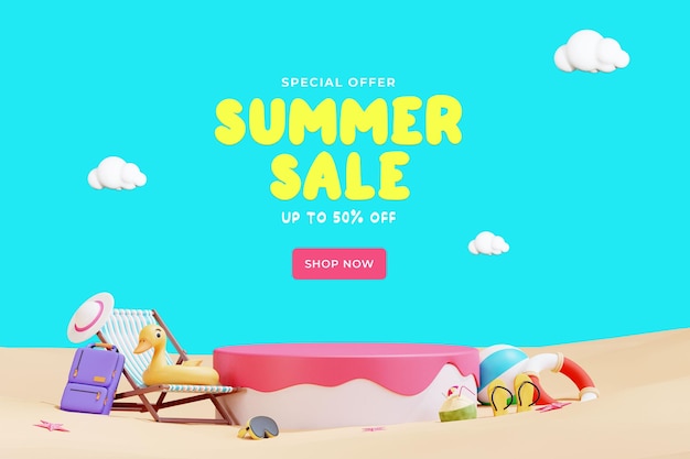 Sjabloon voor spandoek zomer strand met 3d illustratie