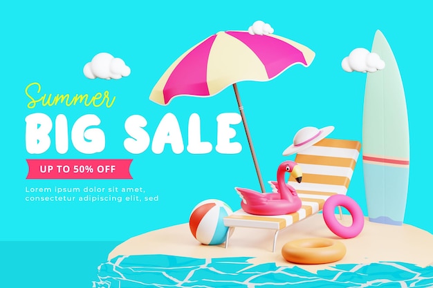 Sjabloon voor spandoek zomerverkoop met 3d illustratie