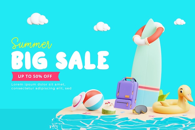 Sjabloon voor spandoek zomerverkoop met 3d illustratie