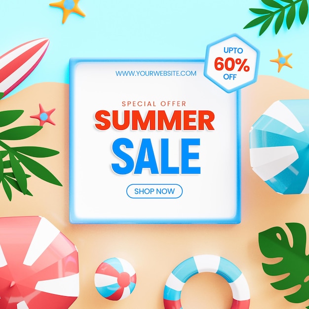 Sjabloon voor spandoek zomerverkoop met 3D-samenstelling van het zomerelement