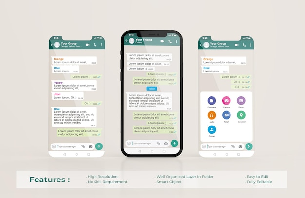 Skabelon til WhatsApp-interface på mobiltelefon og mockup af UI/UX app-præsentation