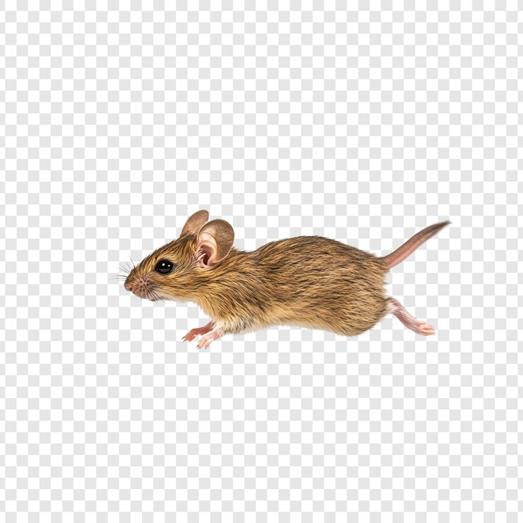 PSD skacząca mysz domowa, maleńki gryzoniak w ruchu.
