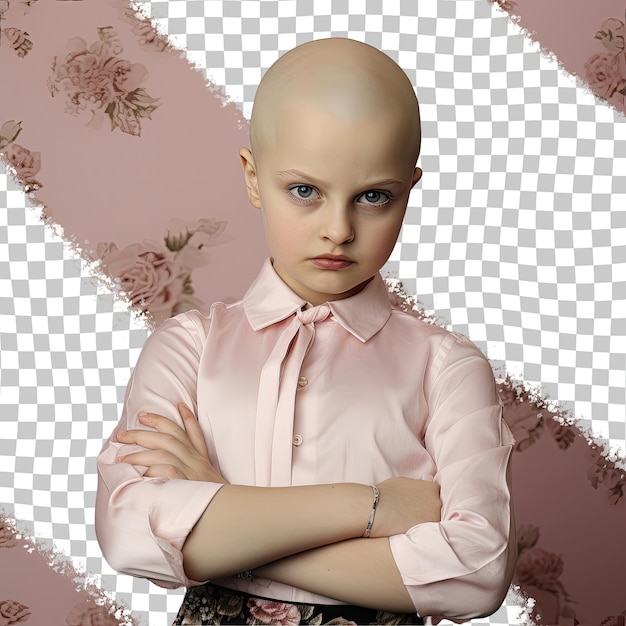 PSD skandynawska fryzjerka melancholijna łysa dziecko pozuje pewnie w pastelowych różach