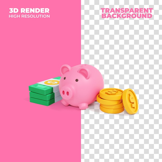 Skarbonka ze stosami pieniędzy i monet na białym tle renderowane 3d