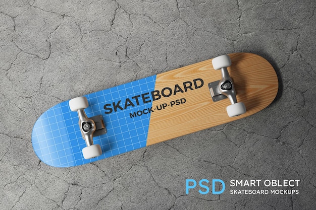 PSD skateboard mockup on the concrete floor