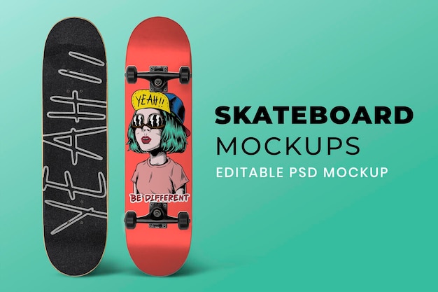 Skateboard mockup psd con attrezzature sportive dal design accattivante