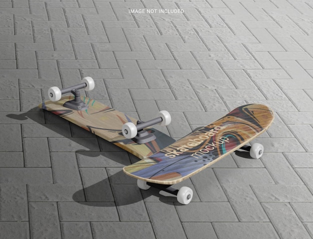 PSD skateboard mockup stacked on concrete