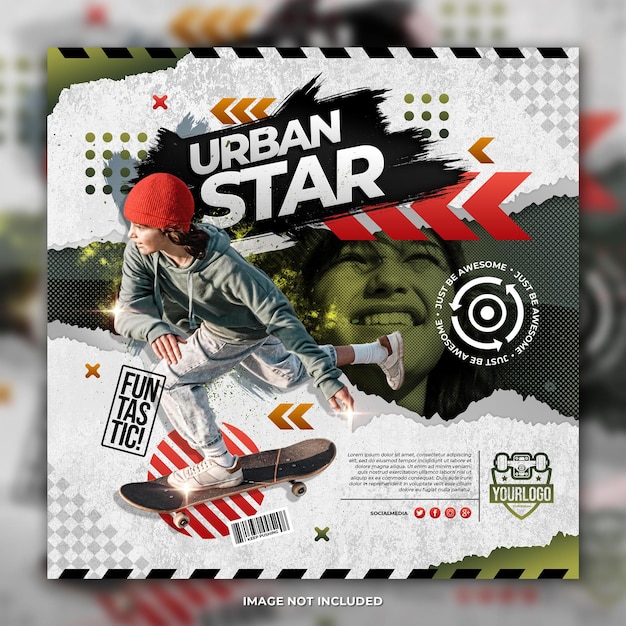 Modello di post sui social media per flyer di skateboard star young boy