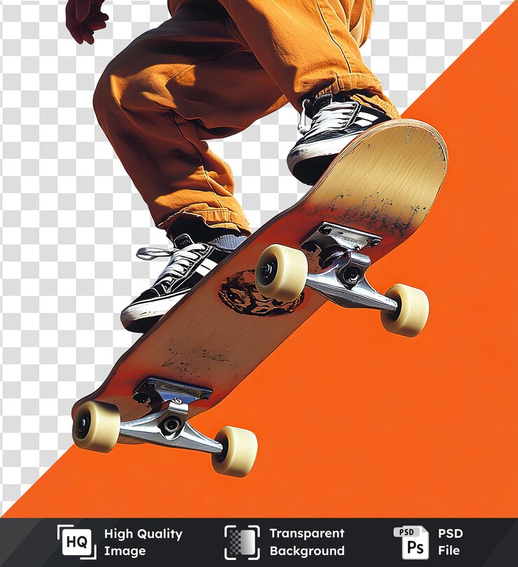 PSD skateboarder wykonuje sztuczkę z wysokiej jakości przezroczystym psd skateboard
