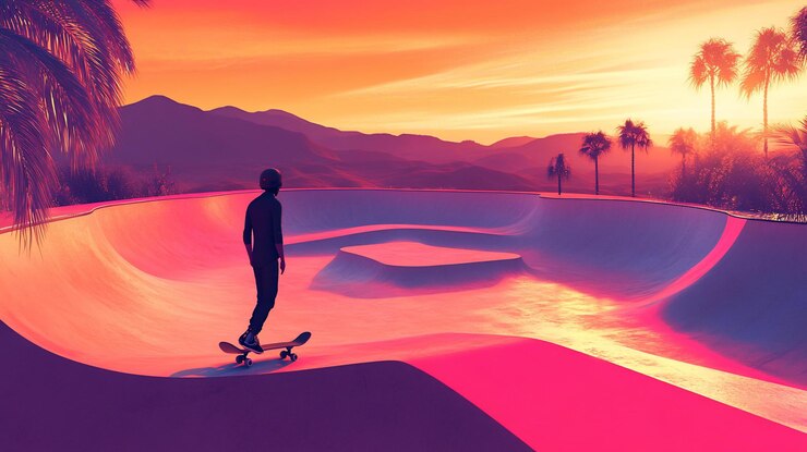 PSD skater at sunset in a pink concrete skatepark with palm trees and mountains