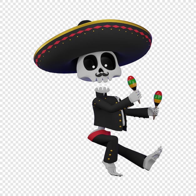 Skelet in een mexicaans mannenkostuum met een sombrero die de maracas el da de muertos-vakantie speelt