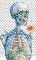 PSD uno scheletro delle costole del corpo con un fiore su sfondo bianco