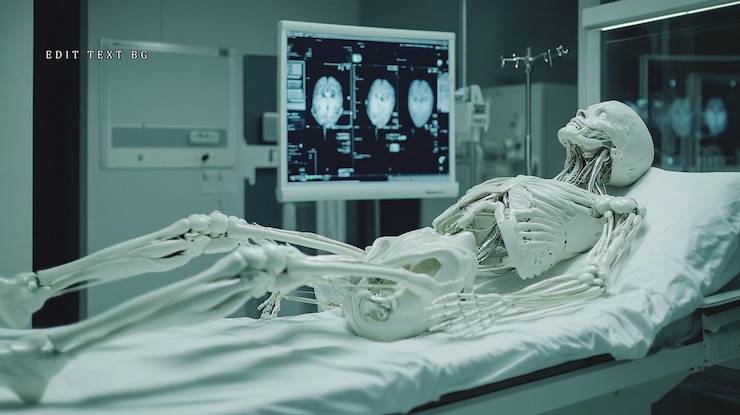 PSD skeleton lies on hospital bed medical scans on monitor
