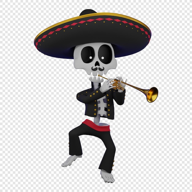 Scheletro in un costume maschile messicano con un sombrero che suona la tromba festa di el da de muertos